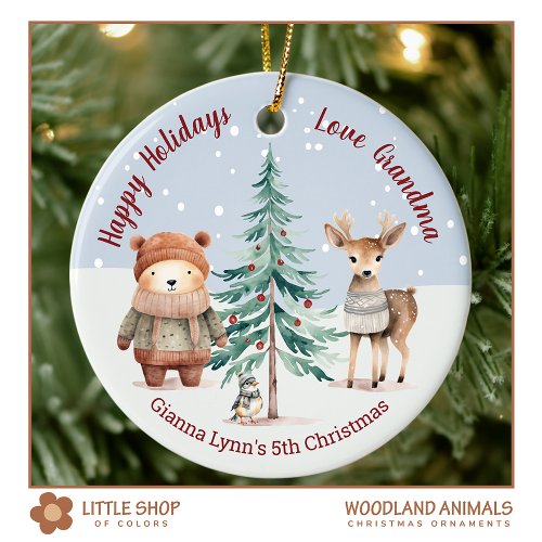 Granddaughters Fifth Christmas Woodland Animals Ceramic Ornament