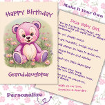 Granddaughter's First Birthday Pink Teddy Bear Card<br><div class="desc">Celebrate your granddaughter’s first birthday with this heartfelt greeting card. Featuring a charming pink and purple teddy bear on the front and a loving sentiment inside, it’s the perfect keepsake to capture this special milestone. All of the text is customizable. It's written for a grandparent's message to their granddaughter on...</div>