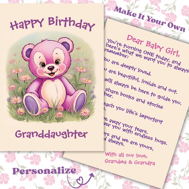 Granddaughter's First Birthday Pink Teddy Bear Card (Creator Uploaded)