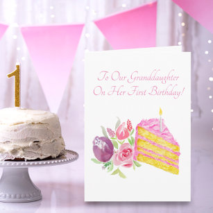 Granddaughter's First Birthday Watercolor Cake Card
