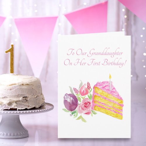 Granddaughters First Birthday Watercolor Cake Card