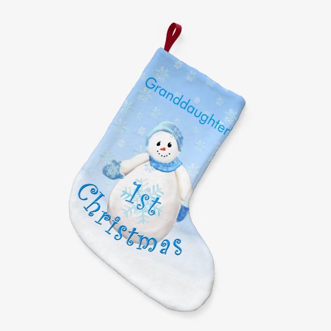 Granddaughter's First Christmas Snowman Small Christmas Stocking (Front (Hanging))