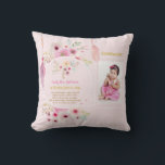 Granddaughters Poem PHOTO Birthday Pink Flowers Throw Pillow<br><div class="desc">Pretty watercolor flowers and feathers adorn this pretty pink and white striped decorative keepsake gift for girls. There is a photo template field to add a photo and four template text fields all of which can be edited to suit any occasion, including 1st Birthday, Baptism, Christening, New Baby, Holy Communion,...</div>