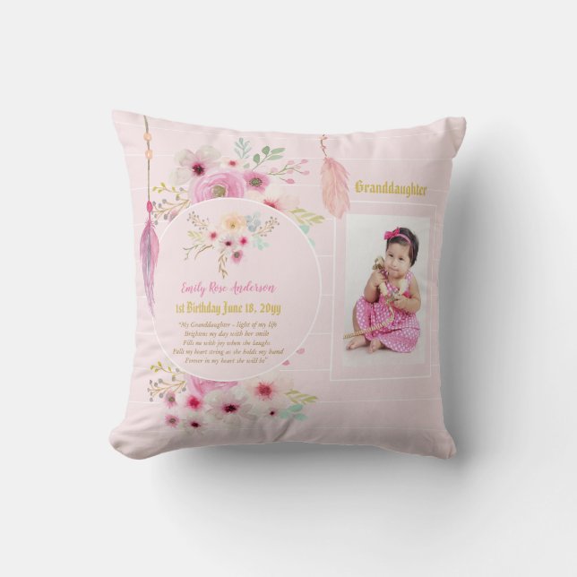 Granddaughters Poem PHOTO Birthday Pink Flowers Throw Pillow (Front)