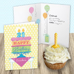 Granddson 21st Birthday Cake Number Candles  Card<br><div class="desc">A birthday card for your 21 year old grandson. "Happy Birthday" is on each layer of the cake with pink decorative icing separating them. A subtle background of yellow and blue anchors the design. Bright colors and a bold graphic styling give this birthday wish a festive feel. You can also...</div>