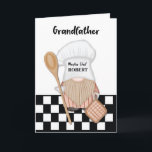 Grandfather Birthday Whimsical Gnome Chef Cooking Card<br><div class="desc">This gnome is specially attired with a classic chef's hat, symbolizing the love for cooking and perhaps the shared joy of meals. The gnome is holding a wooden spoon and pot holder, adding a playful touch. The entire scene is set against a timeless black and white checkered background, providing a...</div>