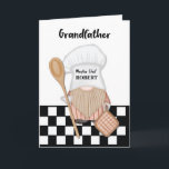 Grandfather Birthday Whimsical Gnome Chef Cooking Card<br><div class="desc">This gnome is specially attired with a classic chef's hat, symbolizing the love for cooking and perhaps the shared joy of meals. The gnome is holding a wooden spoon and pot holder, adding a playful touch. The entire scene is set against a timeless black and white checkered background, providing a...</div>