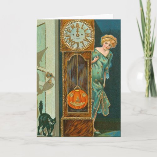 Grandfather Clock Black Cat Witch Pumpkin Card