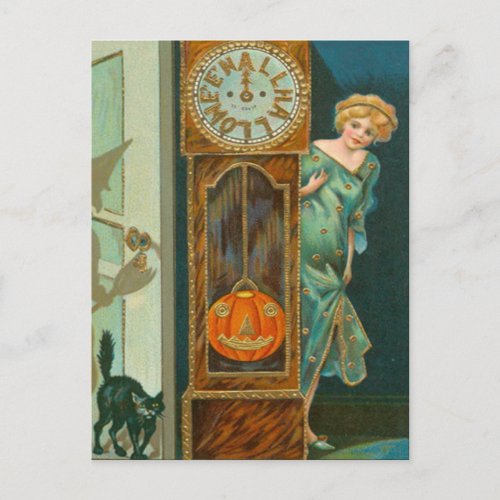 Grandfather Clock Black Cat Witch Pumpkin Postcard