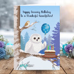 Grandfather Happy January Birthday Snowy Owl Card<br><div class="desc">This charming January birthday card showcases a beautiful Snowy Owl holding a snowflake balloon while sitting beside a rich chocolate birthday cake. In the background, a small Barn Owl watches from a snowy winter scene, adding a touch of nature and seasonal magic. Perfect for anyone with a January birthday who...</div>