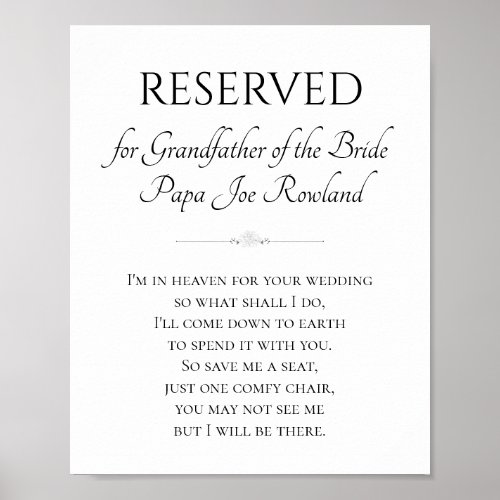 Grandfather of Bride Memorial Save A Seat Wedding Poster