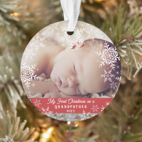 Grandfathers First Christmas Snowflake Baby Photo Ornament