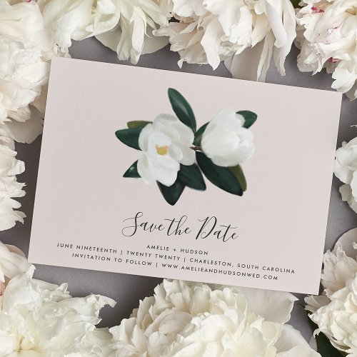 Grandiflora  Blush Pink  White Magnolia Wedding Save The Date