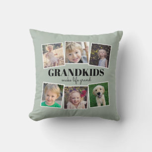 Grandkids 6 Photo Collage Green Throw Pillow