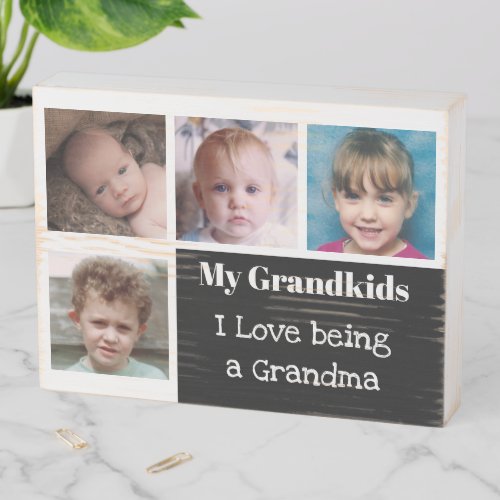 Grandkids and grandma photo collage white black wooden box sign