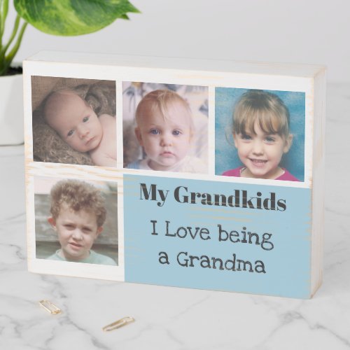 Grandkids and grandma photo collage white blue wooden box sign