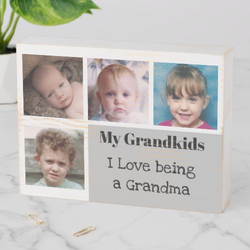 Grandkids and grandma photo collage white grey wooden box sign