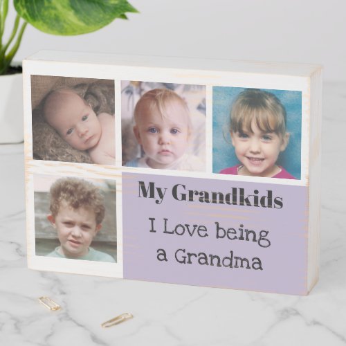 Grandkids and grandma photo collage white lilac wooden box sign
