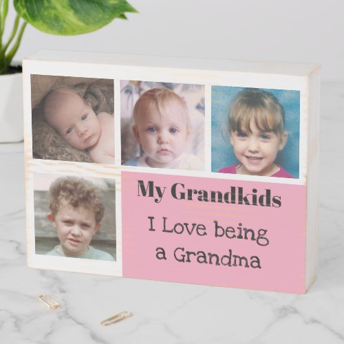 Grandkids and grandma photo collage white pink wooden box sign