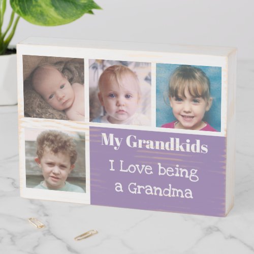 Grandkids and grandma photo collage white purple wooden box sign
