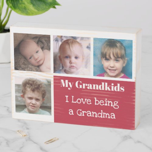 Grandkids and grandma photo collage white red wooden box sign