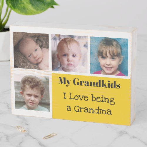Grandkids and grandma photo collage white yellow wooden box sign