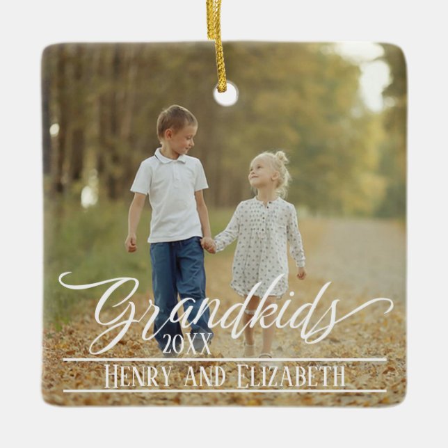 Grandkids Elegant Christmas Photo Personalized Ceramic Ornament (Front)