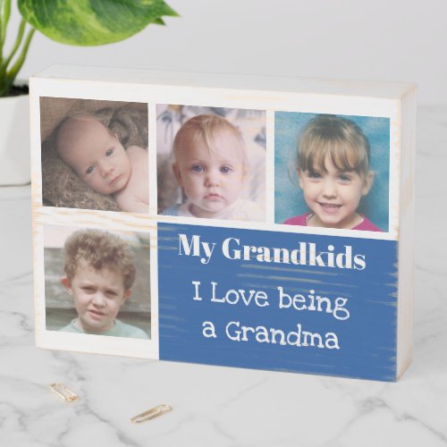 Grandkids grandma photo collage white deep blue wooden box sign