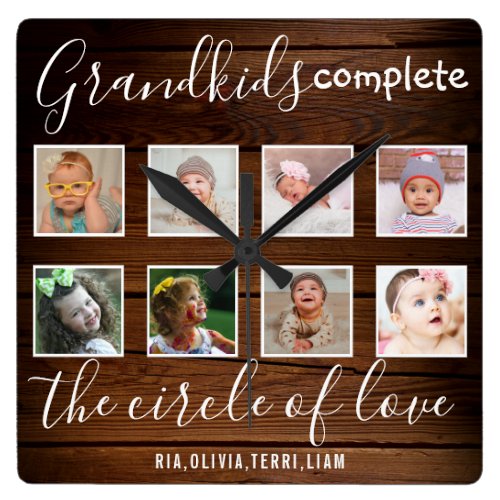 Grandkids Love Quote 8 Photo Collage Rustic Wood Square Wall Clock