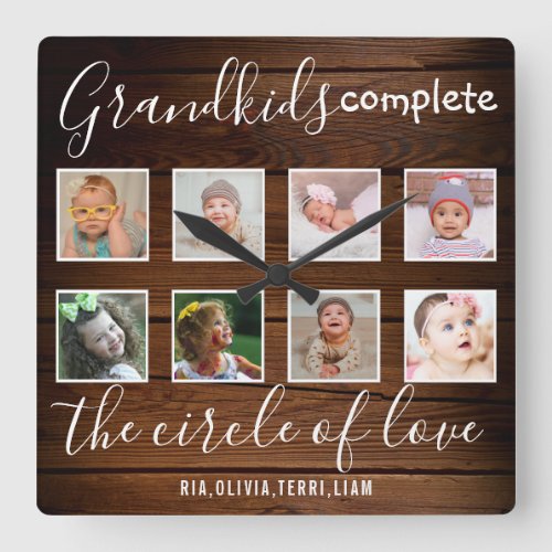 Grandkids Love Quote 8 Photo Collage Rustic Wood Square Wall Clock