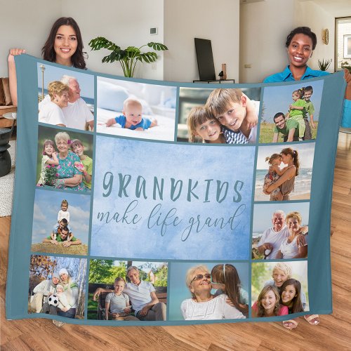 Grandkids Make Life Grand 12 Photo Collage Blue Fleece Blanket