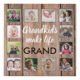 Grandkids Make Life Grand 12 Photo Collage Wood Faux Canvas Print