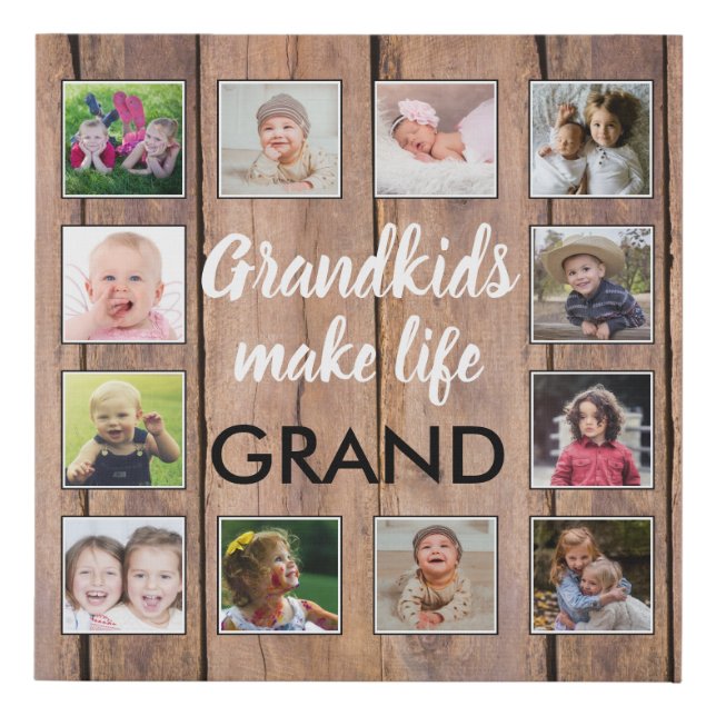 Grandkids Make Life Grand 12 Photo Collage Wood Faux Canvas Print (Front)