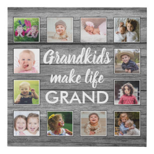 Grandkids Make Life Grand 12 Photo Gray Wood Faux Canvas Print