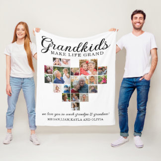 Grandkids Make Life Grand 18 Photo Heart Collage Fleece Blanket
