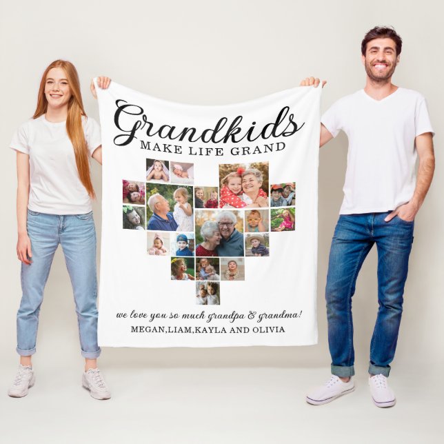 Grandkids Make Life Grand  18 Photo Heart Collage  Fleece Blanket (In Situ)
