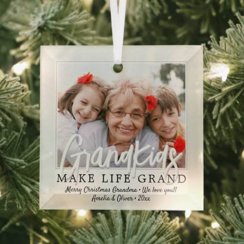 Grandkids Make Life Grand 1 Photo Grandparents Glass Ornament