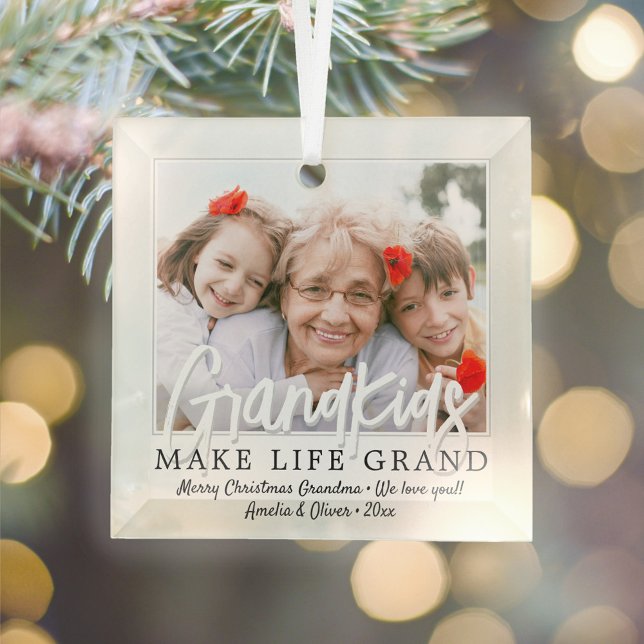 Grandkids Make Life Grand 1 Photo Grandparents Glass Ornament (Creator Uploaded)