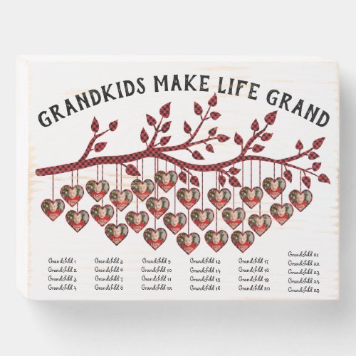 Grandkids Make Life Grand 25 Photo Collage Plaid Wooden Box Sign