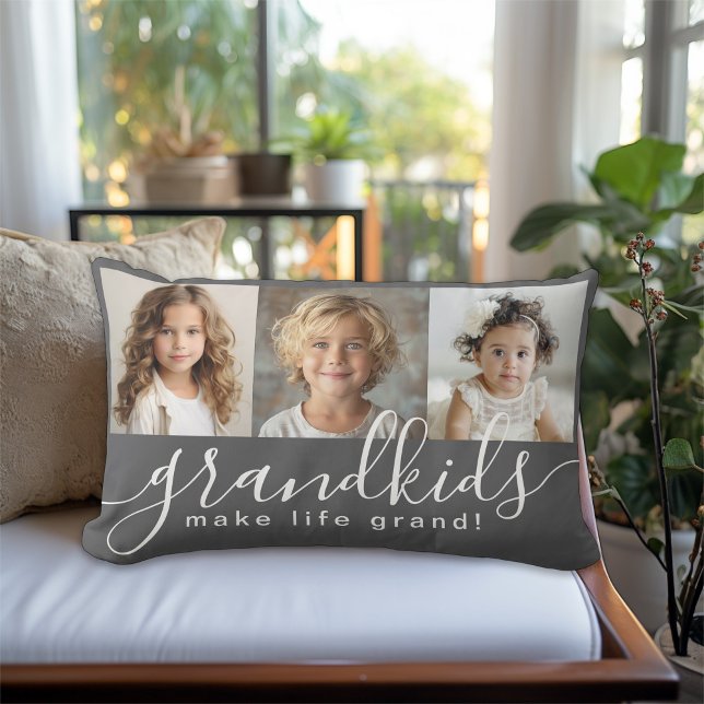 Grandkids Make Life Grand 3 Photo Collage Gray Lumbar Pillow (A great gift idea for Grandparents!)