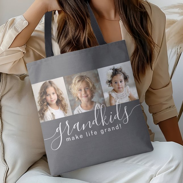 Grandkids Make Life Grand 3 Photo Collage Gray Tote Bag (Personalize with 3 photos of the grandkids for a great gift for grandparents!)