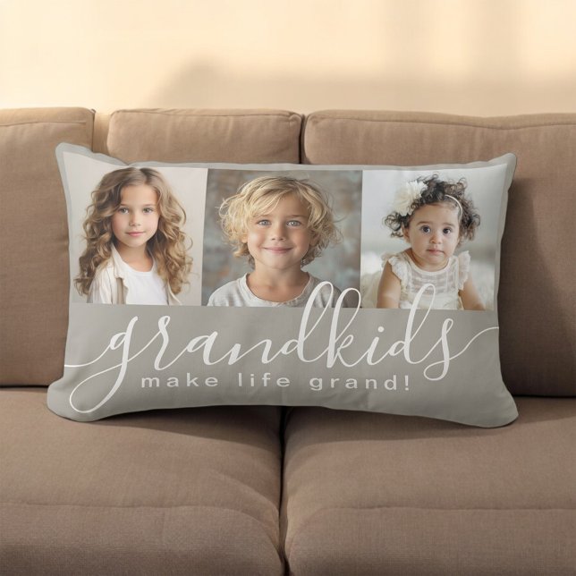 Grandkids Make Life Grand 3 Photo Collage Lumbar Pillow (A great gift idea for Grandparents. Personalize with 3 photos.)