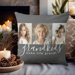 Grandkids Make Life Grand 3 Photo Collage on Gray Throw Pillow