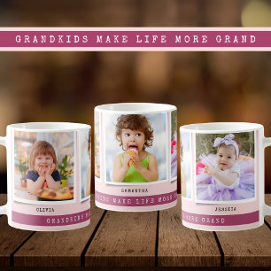 Grandkids Make Life Grand 3 Photo Collage Pink Coffee Mug