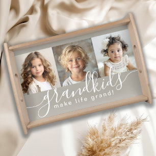 Grandkids Make Life Grand 3 Photo Collage Serving Tray