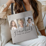 Grandkids Make Life Grand 3 Photo Collage Tote Bag<br><div class="desc">A thoughtful gift for grandparents, this personalized tote bag design features a 3-photo template to personalize with photos of the grandchildren. A combination of modern handwritten script combined with a modern sans serif font spell out "grandkids make life grand!" The background is a neutral taupe beige that has a cozy...</div>