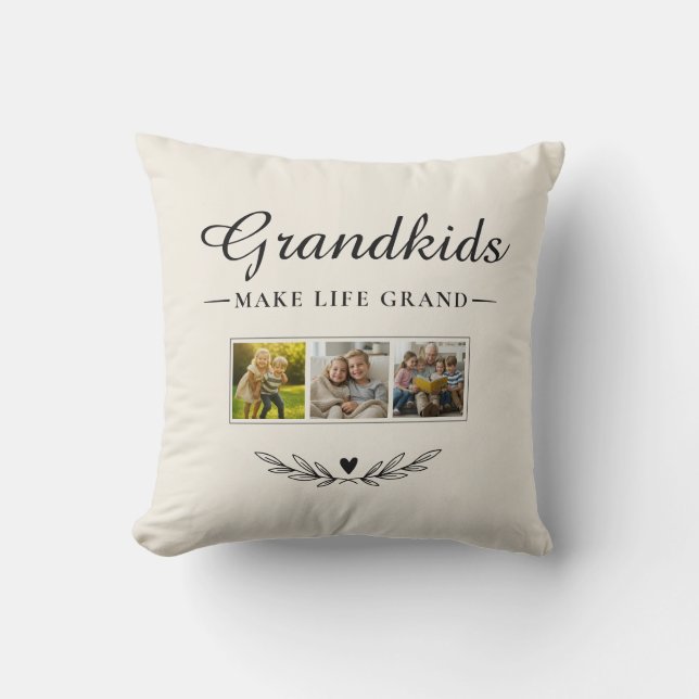 Grandkids Make Life Grand | 3 Photo Grandparents Throw Pillow (Front)