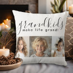 Grandkids Make Life Grand 3 Photos Throw Pillow<br><div class="desc">A thoughtful gift the grandparents will treasure, this personalized pillow design features a 3-photo template to personalize with photos of the grandchildren. A combination of modern handwritten script combined with a modern sans serif font spell out "grandkids make life grand!" The background is a bright white on the front and...</div>