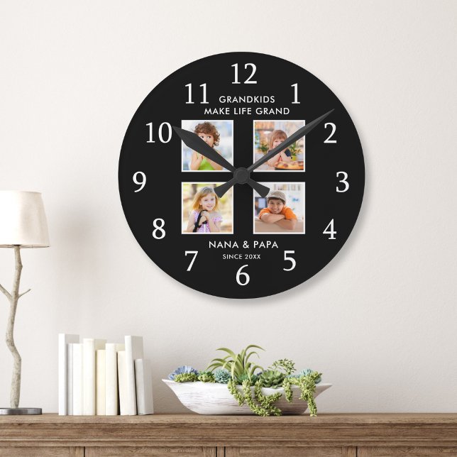 Grandkids Make Life Grand 4 Photo Collage Black Round Clock (Creator Uploaded)