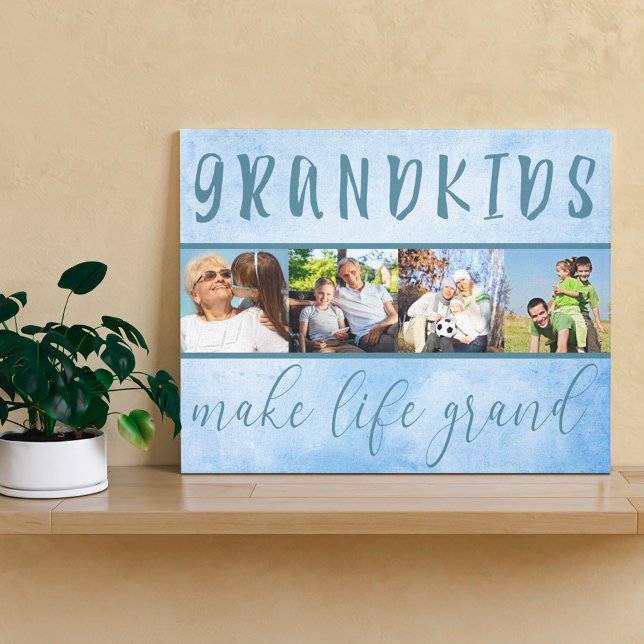 Grandkids Make Life Grand 4 Photo Collage Blue Canvas Print (Creator Uploaded)